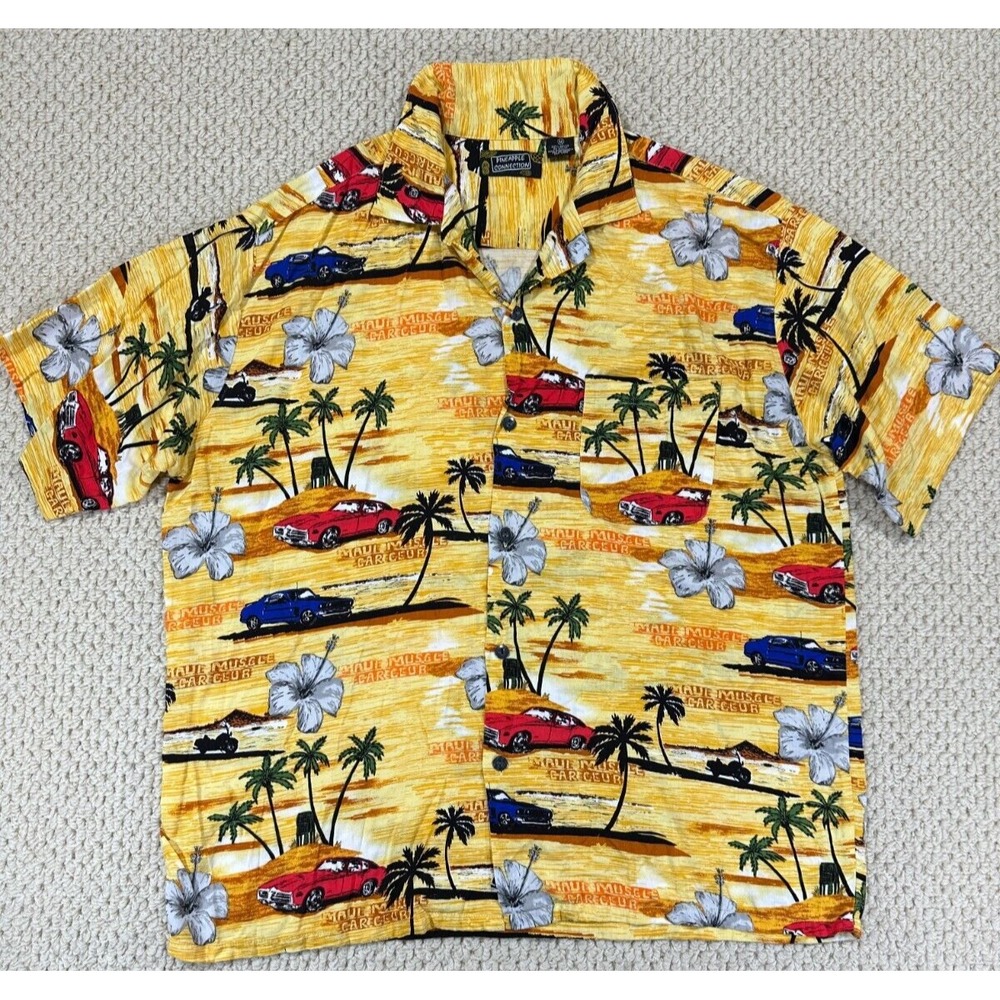 Vtg Pineapple Connection Hawaiian Shirt Mens M Yellow Maui Muscle Car Club AOP